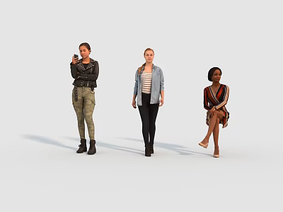 Three Women In Different Poses Wearing Stylish Casual And Formal Outfits 3d model