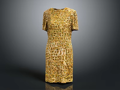 Elegant Golden Textured Short Sleeve Dress For Women Stylish Fashion 3d model
