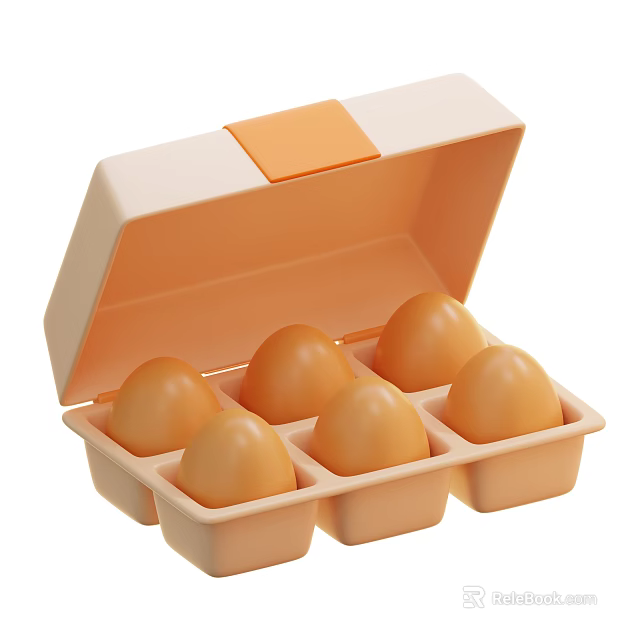 Six Fresh Chicken Eggs In A Beige Plastic Container With Orange Flip Lid 3d model 