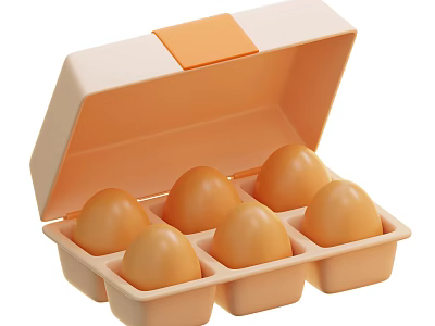 Six Fresh Chicken Eggs In A Beige Plastic Container With Orange Flip Lid 3d model