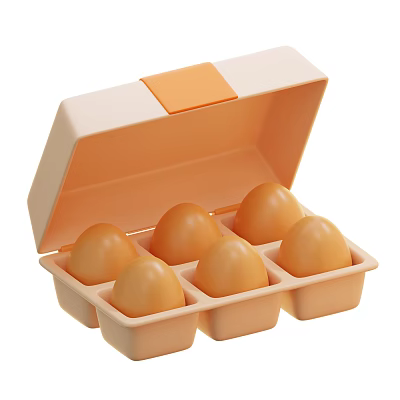 Six Fresh Chicken Eggs In A Beige Plastic Container With Orange Flip Lid 3d model