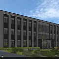 Modern Office Building with Glass Facade Surrounded by Landscaped Garden and Greenery Front Entrance Steps