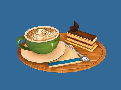 Stylish Commercial Coffee Service Equipment with Green Latte Cup Layered Cake Wooden Tray and Spoon 3d model