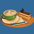 Stylish Commercial Coffee Service Equipment with Green Latte Cup Layered Cake Wooden Tray and Spoon