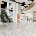 Spacious Modern Shopping Mall Lobby Featuring Circular Design Brand Stores And Blue Decorative Elements 3d model