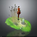 Red Clothed Woman Standing Near Reed Plants On Green Grass Island With Stone Monument