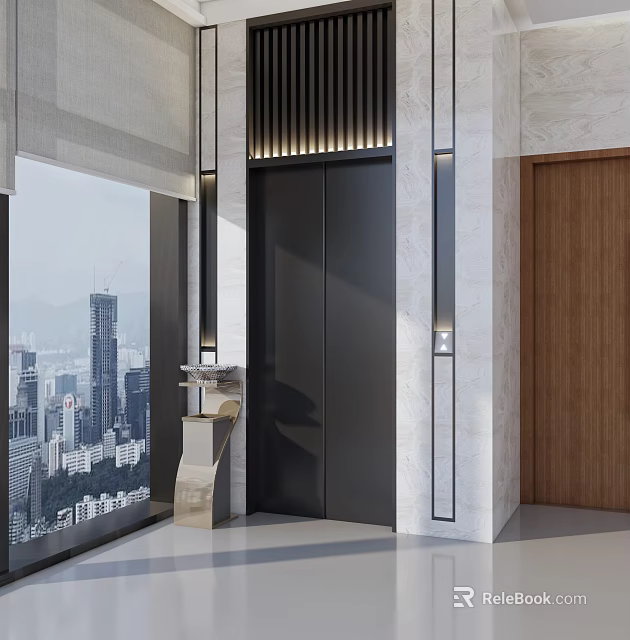 Modern Elevator Lobby With City View Marble Walls And Wooden Door 3d model 