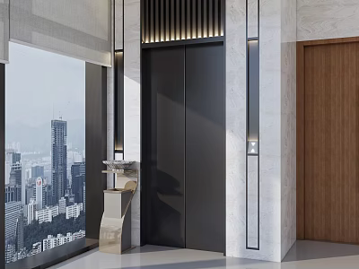 Modern Elevator Lobby With City View Marble Walls And Wooden Door 3d model