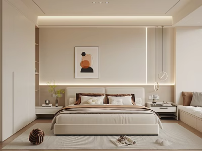 Modern Bedroom Interior Design With Decorative Painting Nightstand Carpet And Ambient Lighting 3d model