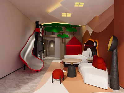 Hotel Guest Room Featuring Slide Red Playhouse White Sofa And Green Tree Decor 3d model