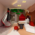 Hotel Guest Room Featuring Slide Red Playhouse White Sofa And Green Tree Decor