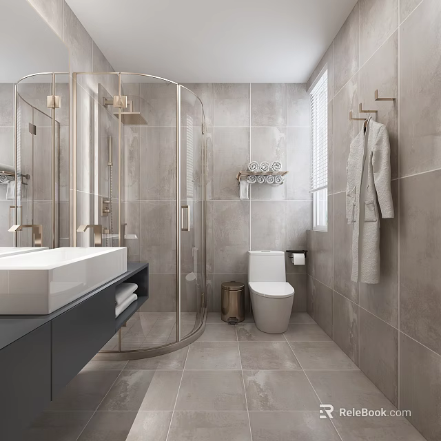 Modern Bathroom Interior With Grey Tiles Glass Shower Enclosure White Toilet And Grey Vanity Sink 3d model 