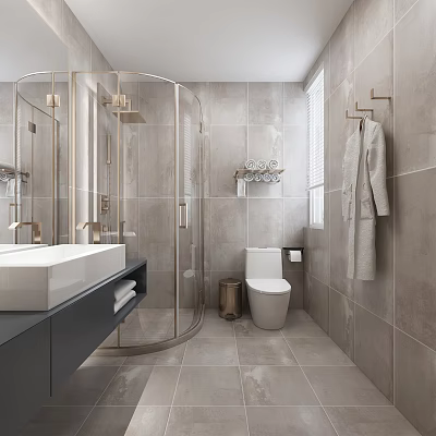 Modern Bathroom Interior With Grey Tiles Glass Shower Enclosure White Toilet And Grey Vanity Sink 3d model