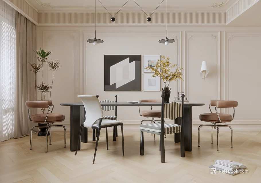 Elegant Modern Restaurant Interior With Luxury Dining Table And Comfortable Chairs 3d model