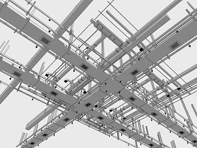 Overhead Interconnected Metal Pipes Structure With Brackets In Industrial Building Interior 3d model