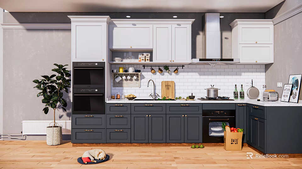 Modern Kitchen Interior With White Upper Cabinets Dark Lower Cabinets Countertop And Appliances 3d model 