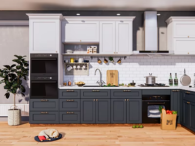 Modern Kitchen Interior With White Upper Cabinets Dark Lower Cabinets Countertop And Appliances 3d model