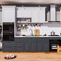 Modern Kitchen Interior With White Upper Cabinets Dark Lower Cabinets Countertop And Appliances
