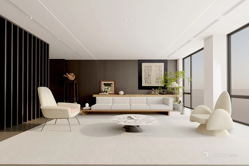 Modern Living Room Interior With White Sofa Armchair And Mushroom Shaped Chairs Dark Accent Wall 3d model 
