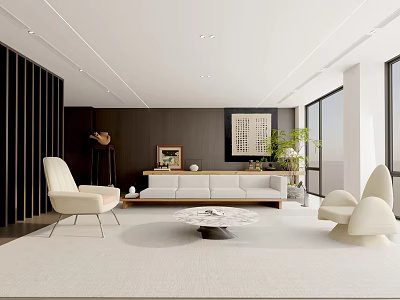 Modern Living Room Interior With White Sofa Armchair And Mushroom Shaped Chairs Dark Accent Wall 3d model