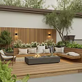 Cozy Rooftop Garden With Wooden Deck Sofa Cushions Fire Pit And Green Trees