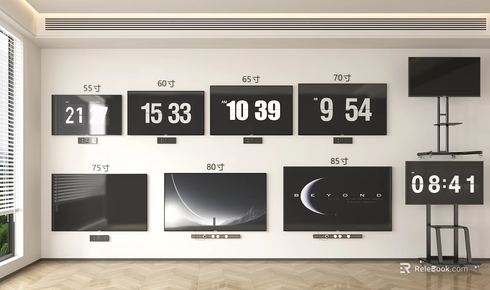 Different Size Televisions Displayed On Wall With Size Numbers 3d model 