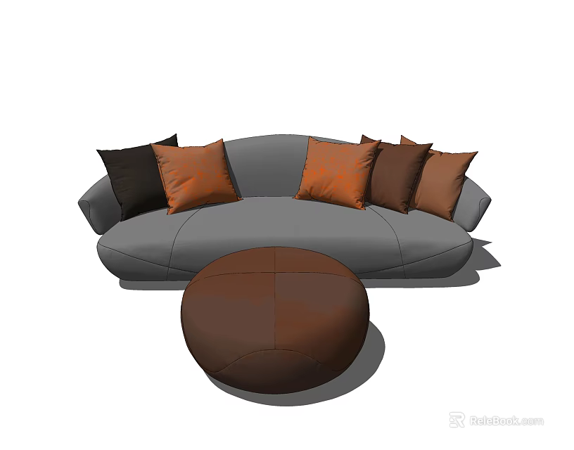 Modern Gray Curved Sofa Set With Brown Black Cushions And Round Ottoman 3d model 