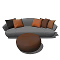 Modern Gray Curved Sofa Set With Brown Black Cushions And Round Ottoman