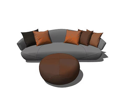 Modern Gray Curved Sofa Set With Brown Black Cushions And Round Ottoman 3d model