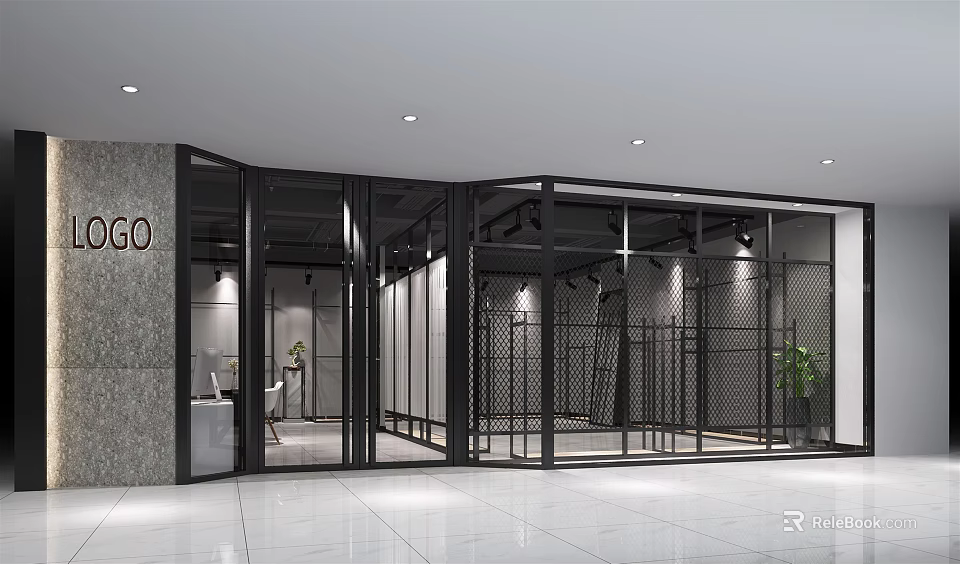 Modern Mall Store With Glass Facade Metal Frames And Minimalist Design Indoor Plants 3d model 