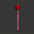 Pink Magical Weapon With Long Handle Yellow Wings And Red Gem