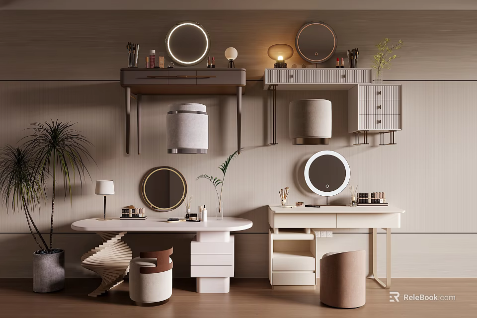 Modern Dressing Table with Round Mirrors Potted Plant and Storage Cabinets 3d model 