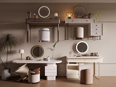 Modern Dressing Table with Round Mirrors Potted Plant and Storage Cabinets 3d model