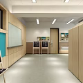 School Open Modern Classroom Interior With Wooden Structures Desks Chairs Whiteboard And Storage Cabinets