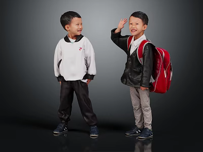 Two Young Boys Waving And Smiling In Casual Outfits With Red Backpack 3d model