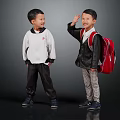 Two Young Boys Waving And Smiling In Casual Outfits With Red Backpack