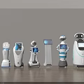 Smart Robots With Various Designs And Digital Screens On Wooden Floor Against Gray Wall