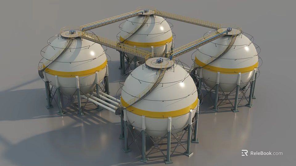 Industrial Plant Featuring Large White Storage Tanks With Yellow Stripes Metal Structures And Pipelines 3d model 