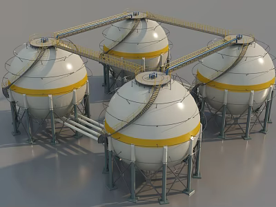 Industrial Plant Featuring Large White Storage Tanks With Yellow Stripes Metal Structures And Pipelines 3d model
