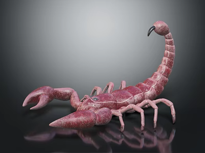 Pinkish Red Scorpion Model With Textured Body Pincers And Curled Tail On Reflective Surface 3d model