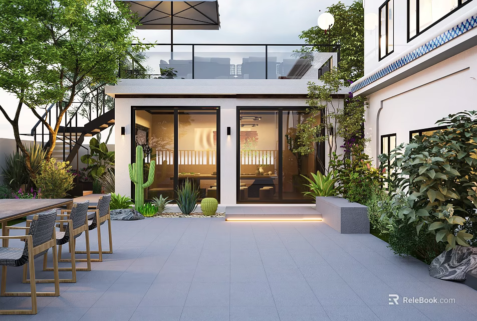Modern Courtyard Garden Design With Outdoor Patio Seating Green Plants And Wooden Furniture 3d model 