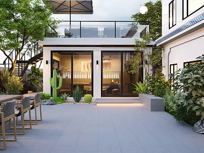 Modern Courtyard Garden Design With Outdoor Patio Seating Green Plants And Wooden Furniture 3d model