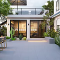 Modern Courtyard Garden Design With Outdoor Patio Seating Green Plants And Wooden Furniture