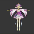 3D Anime Character With Green Hair Blue White Kimono Dress Purple Ribbon White Stockings