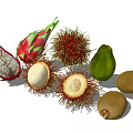 Fresh Exotic Tropical Fruits Dragon Fruit Rambutan Kiwi Sliced With White Flesh And Seeds