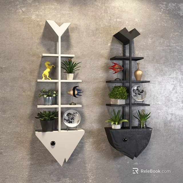 White And Black Fish Shaped Wall Cabinets With Plants And Decorations On Grey Wall 3d model 