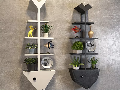 White And Black Fish Shaped Wall Cabinets With Plants And Decorations On Grey Wall 3d model