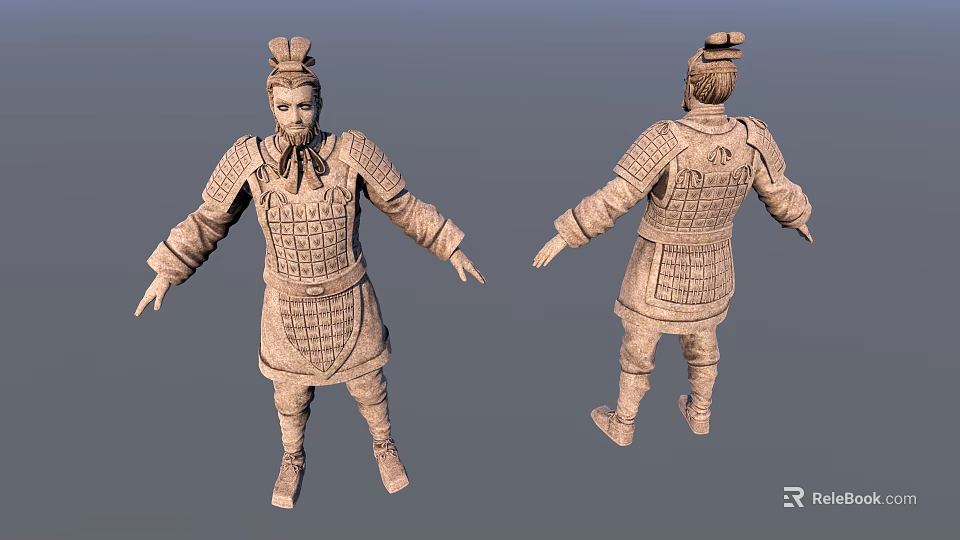 Ancient Terracotta Warrior Sculpture Featuring Detailed Armor Front and Back Views 3d model 