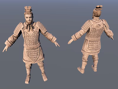 Ancient Terracotta Warrior Sculpture Featuring Detailed Armor Front and Back Views 3d model