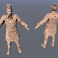 Ancient Terracotta Warrior Sculpture Featuring Detailed Armor Front and Back Views